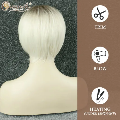 Miniatura 6 de Creamily Peluca corta rubia de corte Pixie con flequillo para mujer, pelucas sintéticas en capas onduladas con raíces oscuras para mujer, peluca