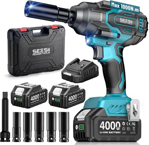 Seesii Llave de impacto inalámbrica de 1000N.m (738ft-lbs) de alto par, pistola de impacto sin escobillas de 1/2" con dos baterías de 4.0Ah,