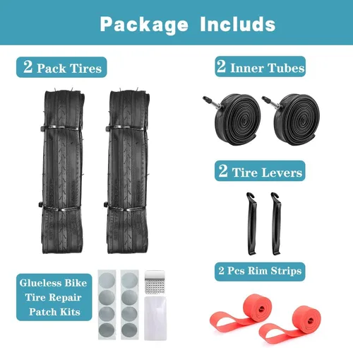 Miniatura 2 de Neumáticos de bicicleta de carretera 700x23C 700x25C 700x35C con 2 tubos internos, válvulas Presta, 2 palancas y 8 piezas de parches sin pegamento