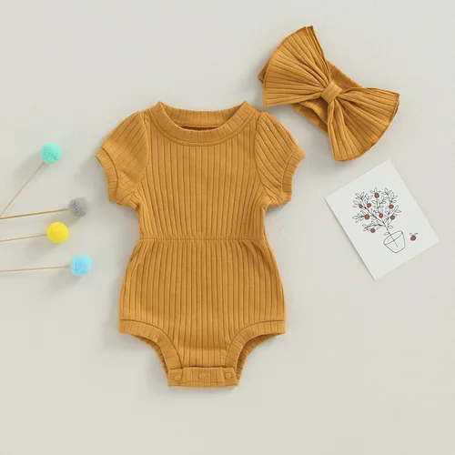 Miniatura 9 de Traje de verano para niña pequeña, de manga corta, acanalado, overol liso, pantalones cortos, ropa para recién nacidos