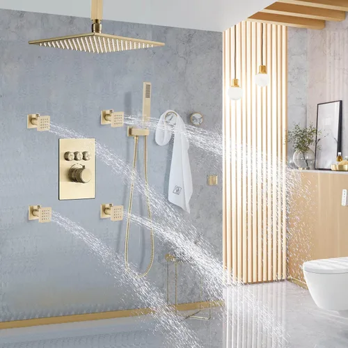 Miniatura 7 de Chorros de ducha cuadrados de oro cepillado con control de flujo y giratorio, chorros de masaje de agua ajustables de latón macizo, montaje en pared