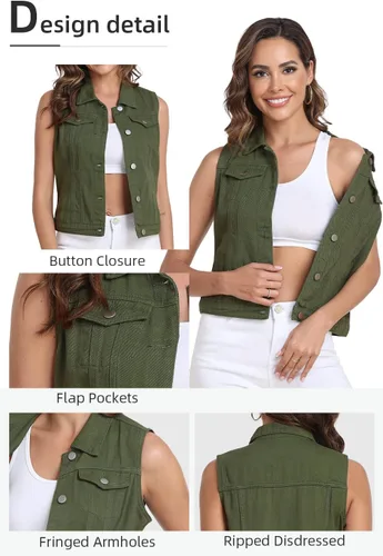 Miniatura 12 de Xeoxarel Chaleco de mezclilla para mujer, chaqueta vaquera sin mangas (XS-XXL)