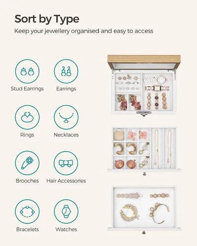 Miniatura 3 de SONGMICS UJOW15WN - Joyero organizador de joyas de 3 niveles con bloqueo y espejo grande 2 cajones idea de regalo para anillos aretes pulseras