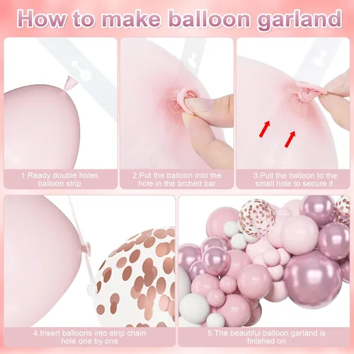 Miniatura 3 de Amandir Kit de guirnalda de arco de globos rosa y blanco de diferentes tamaños de 18, 12, 10 y 5 pulgadas, globos de látex metálico con confeti