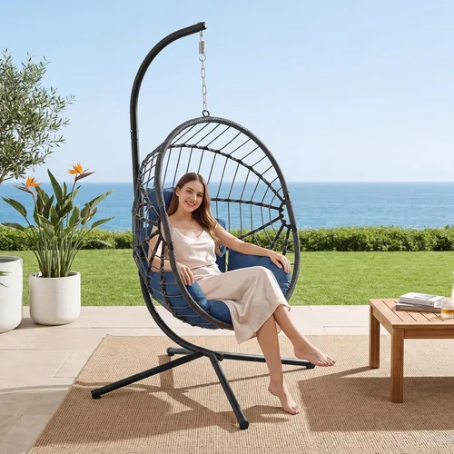 Miniatura 10 de LEX CRAFT Silla colgante de huevo con soporte, silla de huevo oscilante para exteriores e interiores, silla colgante con cojín, silla hamaca