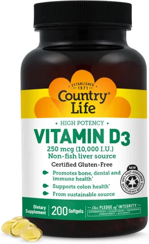 Country Life Vitamina D3 10,000 UI – Fuente de alta potencia sin pescado – Apoyo óseo e inmunológico – Certificado sin gluten – 200 cápsulas blandas