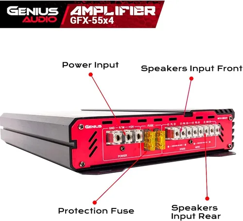 Miniatura 4 de Genius Audio GFX-55X4 Amplificador de coche de rango completo multicanal 1200 vatios Clase máxima AB de 2 ohmios estable con sistema de protección