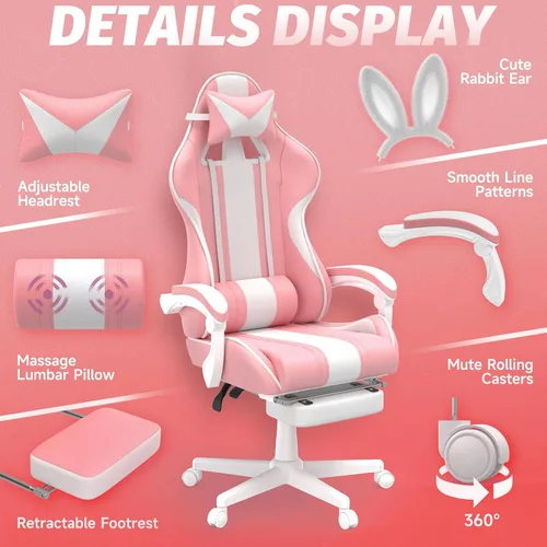 Miniatura 5 de Ferghana Kawaii Bunny Ears - Silla de juegos con reposapiés y masaje, silla ergonómica de cuero para juegos de computadora para niñas, adultos, Rosa
