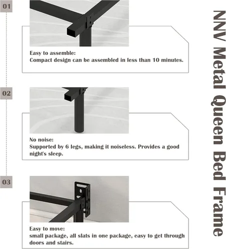 Miniatura 5 de NNV Base de cama de metal King de 7 pulgadas, plataforma resistente de 9 patas, base de soporte para somier y base de colchón, fácil montaje, sin