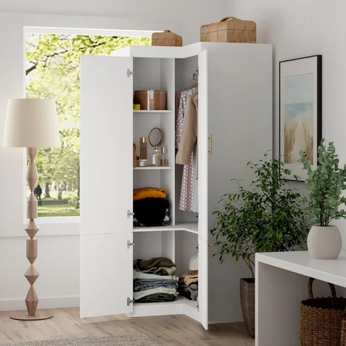 Miniatura 4 de AIEGLE Armario esquinero con cajones, armario de abrigo blanco con puertas, armario alto moderno con barra para colgar para dormitorio