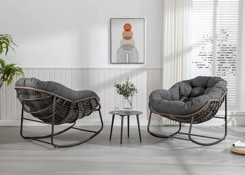 Miniatura 9 de Juego de 2 mecedoras para exteriores, silla mecedora de huevos de mimbre de gran tamaño, para interiores y exteriores, cómoda silla mecedora con Gris
