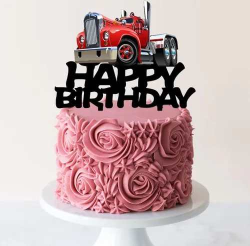 Miniatura 5 de Decoración de pastel de camión pesado, suministros de fiesta temática de transporte de acrílico negro, decoración de pastel de feliz cumpleaños