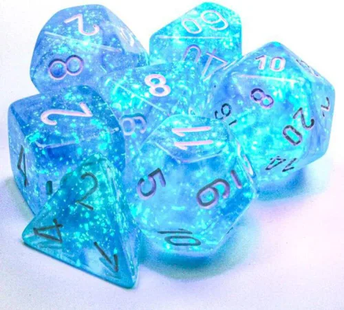 Miniatura 2 de Chessex Juego de 7 troqueles poliédricos - Boreal azul cielo/blanco con luminaria 27586 (CHX27586)