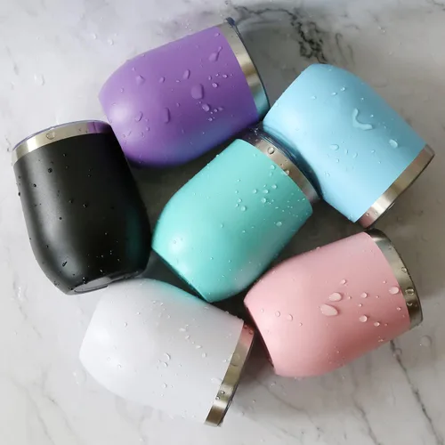 Miniatura 6 de Vaso de vino de 12 onzas con tapa, acero inoxidable, doble pared aislada al vacío, tazas de viaje sin tallo (juego de 6, negro)