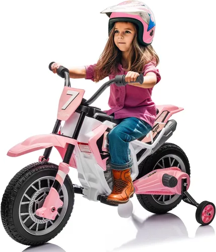 JOYLDIAS Motocicleta de cross para niños, 12V7AH con batería, motocicleta para niños, bicicleta de calle todoterreno con música, ruedas de Rosa