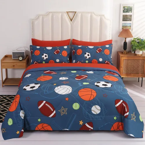 Juego de edredón deportivo de pelota azul, tamaño individual, juego de ropa de cama de béisbol, baloncesto, fútbol, tenis para adolescentes y niños