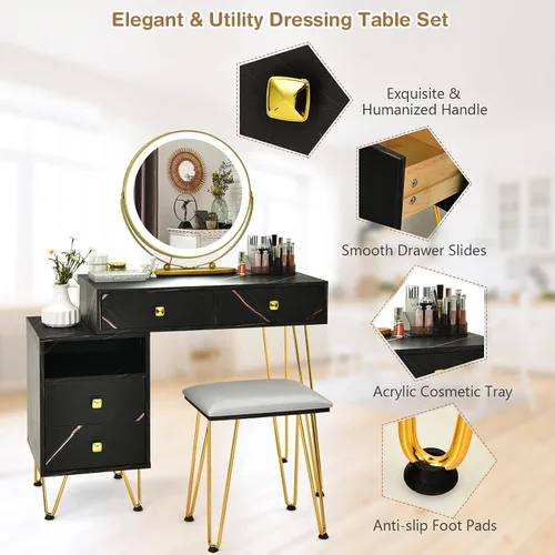 Miniatura 8 de CHARMAID Escritorio de tocador con armario lateral reversible, mesa de tocador de maquillaje con espejo iluminado, 3 luces de color, 4 cajones