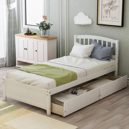 Miniatura 23 de Marco de cama moderno de madera maciza con cajones, plataforma de cama con soporte de listones de madera, no necesita somier, tamaño individual
