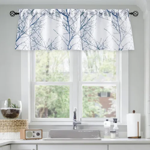 Miniatura 10 de FMFUNCTEX Cortinas de cenefa de ventana con estampado de ramas de árbol negro, cenefa corta semitransparente blanca para cocina, baño, bolsillo