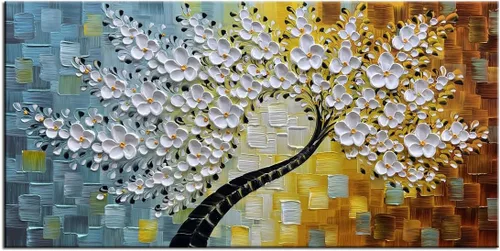 YaSheng Art - Pintura al óleo de arte contemporánea hecha a mano de flores blancas en lienzo con textura 3D, pinturas de árbol abstractas,