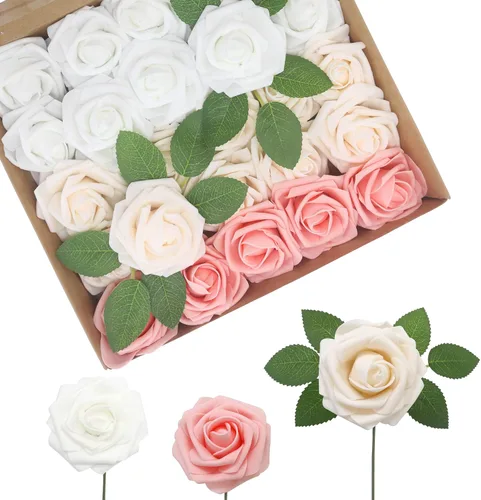 Miniatura 10 de Flores Artificiales Rosas Realistas, 50 piezas de rosas falsas con tallo de aspecto real para ramos de boda DIY, centros de mesa, despedida