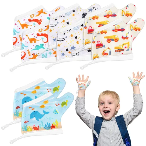 Seematn 4 pares de guantes de succión de pulgar transpirables para niños pequeños que dejan de chupar los dedos de los dedos (3-6 años, dinosaurio)