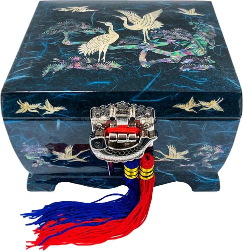 Fun-Store Caja de madera con incrustaciones de nácar con incrustaciones de nácar, caja de madera, diseño de árbol de grúa, espejo, recuerdo, tesoro,