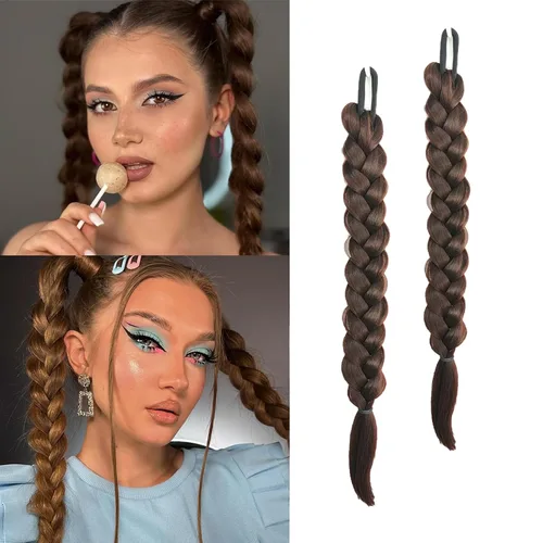 Miniatura 24 de 2 paquetes de 16 pulgadas de extensión de cola de caballo trenzada larga negra para mujeres negras con banda elástica, trenzado recto, extensiones