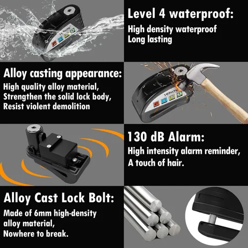 Miniatura 2 de Cerraduras de motocicleta sistema de alarma antirrobo de 130 db, candado de disco candado de rueda resistente antirrobo, candado de seguridad