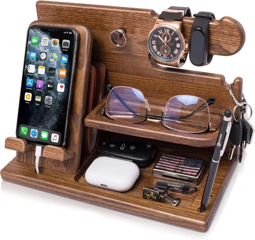TESLYAR Estación de acoplamiento de teléfono de madera con soporte para llaves de ceniza soporte para cartera organizador de relojes para hombres