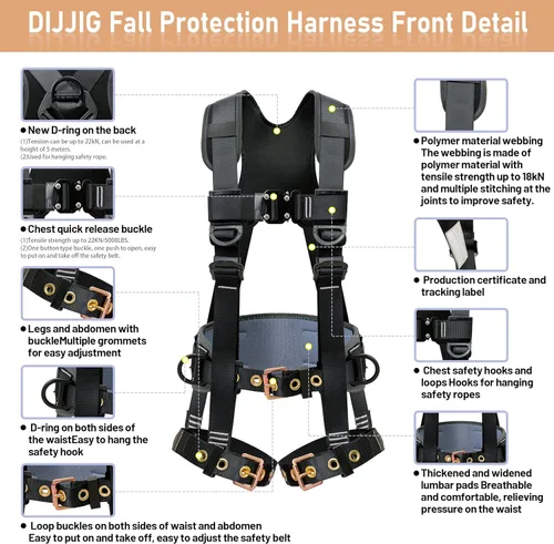Miniatura 2 de DIJJIG Arneses de seguridad de protección contra caídas Arnés de construcción para techos de cuerpo completo Arnés de ajuste de 5 puntos acolchado