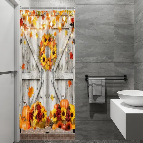 Miniatura 27 de Cortina de ducha con puerta de granero occidental para baño, lavanda púrpura y verde corona de eucalipto en tableros de madera rústica, cortina