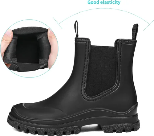 Miniatura 4 de DKSUKO Botas de lluvia cortas para mujer, botas de jardín impermeables de goma, botas elásticas sin cordones, botas Chelsea a la moda, zapatos