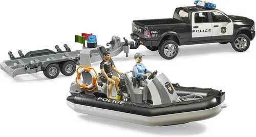 Miniatura 3 de Bruder RAM 2500 Camioneta Policial Pickup con Remolque Módulo L + S, Barco y 2 Figuras