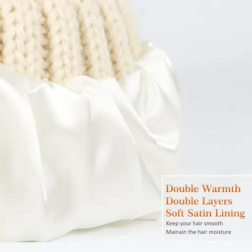 Miniatura 2 de Muryobao Gorro de invierno para mujer, con forro de satén, de piel sintética, con pompones, de punto, con forma de calavera