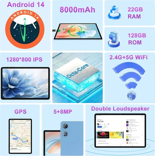 Miniatura 2 de 2025 Tablet Android 14 de 10 pulgadas con 22 GB RAM 128 GB ROM 1 TB de expansión, tablets con teclado ratón, Octa-Core, batería de 8000 mAh, Azul