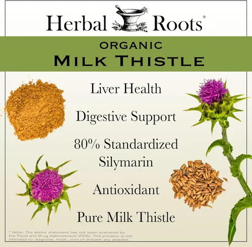 Miniatura 3 de Herbal Roots Cápsulas de cardo mariano Suplemento de hierbas de silimarina extra fuerte 80% Hecho con cardo de leche orgánico puro Vegano