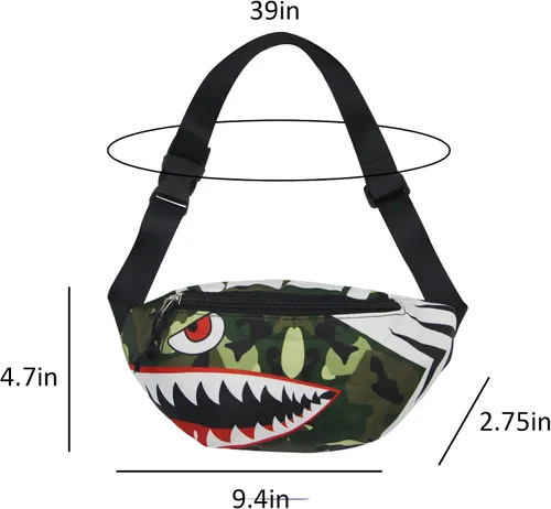 Miniatura 7 de Riñonera pequeña para niños y niñas, con diseño de tiburón de dibujos animados, para deportes, correr, bolsa de cintura, Camuflaje