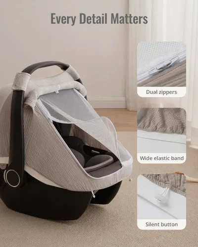 Miniatura 7 de Blissful Diary Cubierta de asiento de coche para bebé, ventana de malla extra grande, muselina de algodón transpirable, toldo infantil a prueba