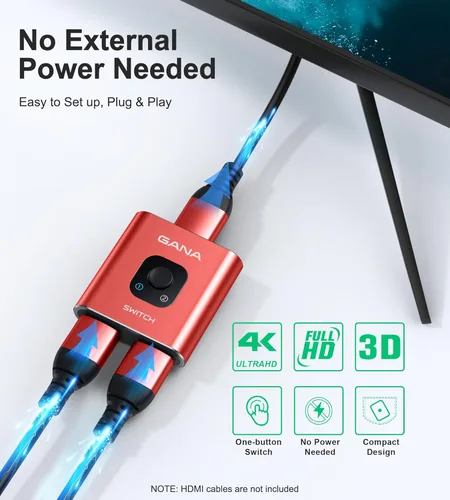 Miniatura 5 de GANA - Conmutador HDMI de aluminio bidireccional, con capacidad de 4k a 60 hercios y salida divisora de 2 en 1, hub HDMI HD manual apto para Xbox