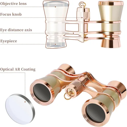 Miniatura 3 de Scicalife Binoculares compactos dorados de 3 x 25 pulgadas para adultos, gafas de teatro de bolsillo con cadena para ópera y conciertos, telescopio