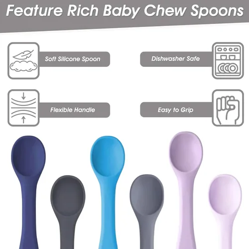 Miniatura 4 de Cucharas para bebés – Cuchara grande de silicona para el destete LED del bebé, mango grueso, construcción flexible, textura suave, utensilios