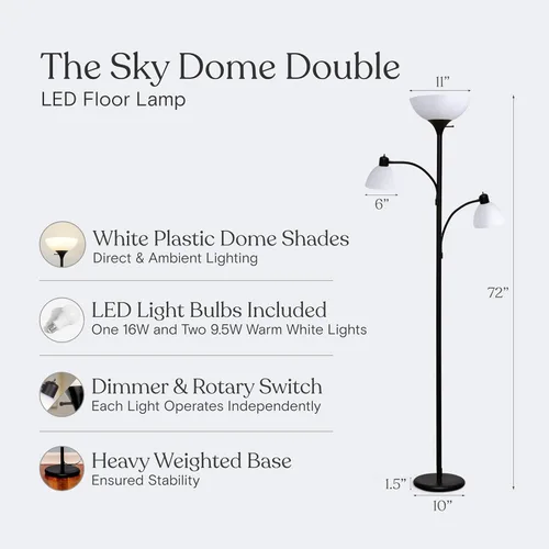 Miniatura 5 de Brightech Sky Dome Lámpara de pie doble LED, lámpara de pie Torchiere súper brillante con 2 lámparas de lectura para salas de estar y oficinas
