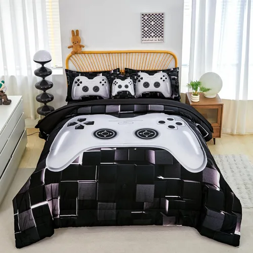 Miniatura 12 de PERFEMET Juego de ropa de cama tamaño Twin en una bolsa, 6 piezas, juego de ropa de cama gaming para niños, edredón azul gamer con juego de sábanas