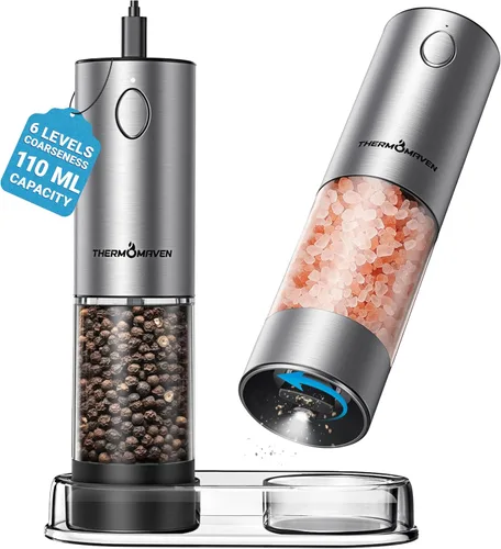 Miniatura 11 de ThermoMaven Juego de molinillo eléctrico de sal y pimienta, 3.7 fl oz más grande, recargable, automático, molinillo de sal y pimienta con 6 grosores