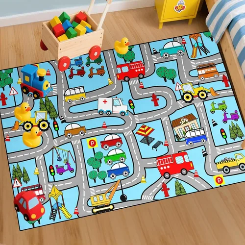 Miniatura 16 de Alfombras de construcción para habitación de niños de 2 x 3 pies, alfombra de juego para autos y camiones, alfombra de coche para niños, alfombra