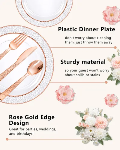 Miniatura 5 de Ciaell 350 platos de plástico color oro rosa, platos desechables de oro rosa transparente con cubiertos de plástico que incluyen 100 platos, 150