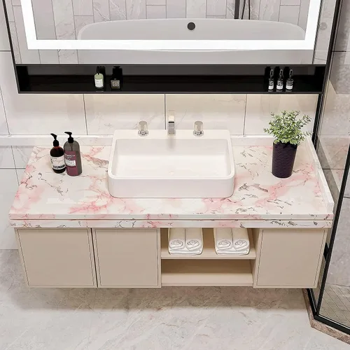 Miniatura 2 de VIOPVERY Papel tapiz de mármol rosa para despegar y pegar, 35 x 197 pulgadas, papel adhesivo de mármol impermeable brillante autoadhesivo