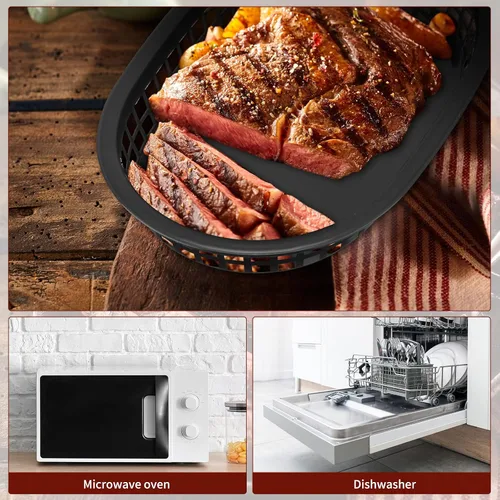 Miniatura 6 de Potchen 60 cestas de comida rápida para servir 10.5 x 7 pulgadas, cesta de plástico ovalada retro, bandeja de servicio de alimentos para Negro