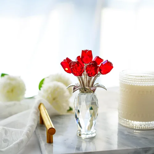 Miniatura 7 de Figura de flor de rosa de cristal rojo con base, ramo de flores de cristal, regalos para mujeres, novia, esposa, flores de cristal hechas a mano